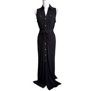 Carmen Marc Valvo Collared Belted Tie Waistline Black Sleeveless Dress M